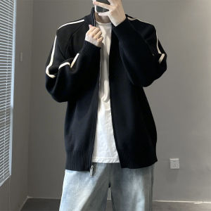 Mens Knitted Open Cardigan Casual Spring Autumn Loose Versatile Long Sleeve Sweater Fashionable Urban Style Thickened Stripe Pattern