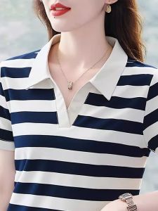 Womens Striped Cotton Short Sleeve T-shirt Summer New Style Casual Turn-down Collar Versatile Middle-aged Mother Polo Shirt