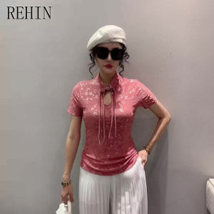 REHIN Womens top Summer new retro buckle stand collar spliced mesh short sleeve T-shirt elegant blouse