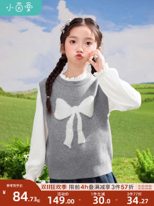 Girls Sweater Vest Spring Autumn Sweet Style round Neck Sleeveless Top with Large Butterfly Knot Pattern Childrens Clothing