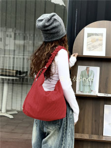 Nylon Canvas Slant Crossbody Bag Womens Underarm Bag Red Design Sense Wrinkle Shoulder Strap Stripe Underarm Bag