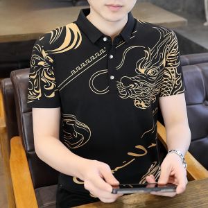 HENGYUANXIANG | Hengyuanxiao Pure Cotton Short Sleeve Polo Shirt Mens Turn-down Collar Summer Thin Print Top Chinese Dragon Fashionable Tee