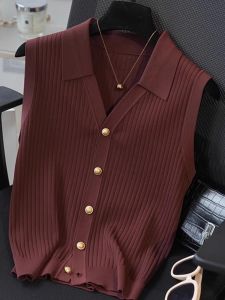Retro French Sleeveless Knitting Vest Fashionable Stylish Anti-Aging Casual Tops Plaid Ice Silk Solid Color Bottoming Shirt for Women