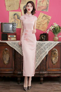 Elegant Young Girls New Style Embroidered Cheongsam Slimming Long Dress Red House Brand Polyester Fabric Short Sleeve High Slit