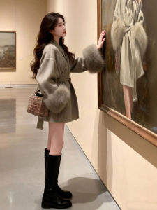 CHANGTONG | Tie Waist Stylish Korean-style Tweed Coat