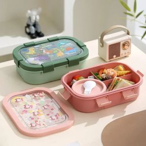 1000/1350ml Cartoon Lunch Box with Soup Bowl Bento Box Buckle Design Sealed and Leak-proof Portable Food Storage Container