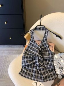 Spicy Girl Knot Red Plaid Neck Hanging Vest Women Summer Multi Baume Sweet And Spicy Sleeveless Mini Shirt Thai Polka Dot