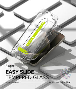Ringke Easy Slide Tempered Glass Screen Protector for iPhone 15 Pro Max 9H hardness included with installation tool
