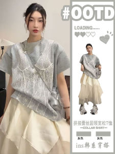 Elegant Loose Womens T-Shirt round Neck Short Sleeve Lace Patchwork Summer Fashion Street Style Top European Design Sense