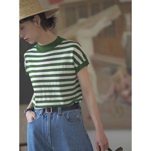 French Navy Striped Knitted Short Sleeve T-Shirt Women Summer Thin Elegant Color Block Design Shoulder Top round Neck T-Shirt