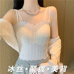White Lace Small Sling Vest Womens Spring and Summer Bra Underwear Padded One-Piece Beauty Back Underwear Bottoming Shirt Tops