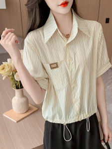 Summer New Stripe Pattern Womens Short Sleeve Chiffon Shirt Drawstring Design Slimming Versatile Top Loose Fit POLO Collar