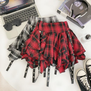 Stylish Retro Red Gingham Bubble Skirt Womens 2024 Summer New Arrival High Waist Asymmetrical A- line Skirt