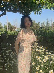 Wang Han Yan Summer Floral Print Chiffon Dress Back Button Strapless Waist Cinched Short Sleeve mid Length X-Shape Gown