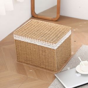 Large Size Woven Storage Box with Lid for Home Use Clothing And Miscellaneous Items Storage Basket Vine Weave Storage Box