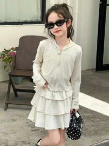 Girls Summer Cool Feeling Sun Protection Clothing Set Short Skirt Thin Long Sleeve Lightweight Casual Childrens Outfit for Ages 5-14