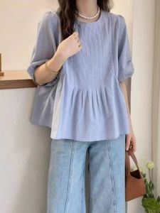 AIYITI | Summer Blue Short Sleeve Shirt Womens Unique Pleated Belly Covering Doll Top Plus Size Loose Fit Commute Style Korean Version