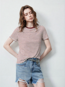 Toyouth | Wool Tencel Striped Fitted Womens T-Shirt Red White Stripe