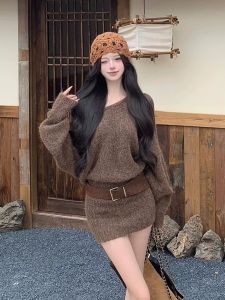Retro Korean Loose Shoulder Bared Long Sleeve Knitted Sweater Dress Womens Autumn Winter Slimming Waist Cinched Short Skirt