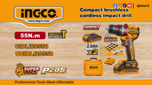 INGCO 20V 55NM CORDLESS IMPACT DRILL | COMPACT BRUSHLESS MOTOR | CDLI20558 CDLI205581