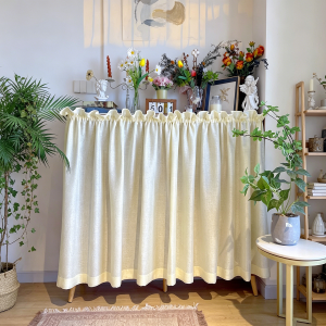 Cream Linen Semi Sheer Cabinet Curtains Rod Pocket Ruffled Top Cupboard Shelf Cover Valance for Kitchen Home Decor