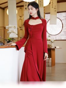 Red Knitted Midi Dress Chinese New Style Wedding Dress Womens Autumn Winter New Super Beautiful Temperament Gown A-Line Skirt
