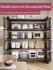 Kitchen Cabinet | Microwave Oven Cabinet | Kitchen Storage Racks Shelf | with Doors & Wheels | Rak Kabinet Dapur