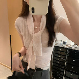 เสื้อสเวตเตอร์ถักแขนกุดผู้หญิงสไตล์ฝรั่งเศส ฤดูใบไม้ผลิและฤดูร้อน ใหม่ ชั้นใน เสื้อกั๊กถักขนสัตว์ คอวี ทรงสลิมฟิต