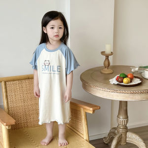 MiiOW | Breathable Summer Sleep Dress For Girls Catman Childrens Clothing Short Sleeve Midi Dress Home Wear Comfortable Cotton Blend