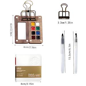5-Piece Set of 8-Color Mini Wooden Watercolor Painting Set Including 1 Palette Box 1 Pointed Brush 1 Flat Brush 1 Clip and 1 Sketchbook - Portable Outdoor Art Tool Kit Suitable for Travel and Painting Without Pigments