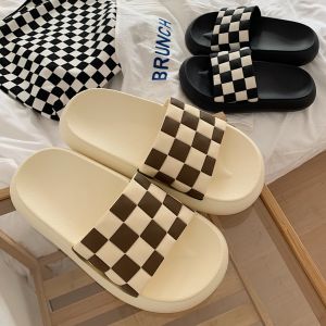 Thin Black and White Chessboard Plaid Slippers Summer Mens and Womens Fashion Ins Shit Feeling Thick Sole Beach Slippers Couple
