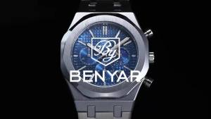 BENYAR | BENYAR Luxury Moonphase Watch Black Grid Dial Chronograph Stainless Steel Integrated Strap Business Wear Mens Quartz Watch