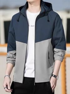 ROMON | Loose Fit Long Sleeve Mens Jacket Casual Patchwork Collar Coat Windproof Polyester Fiber Spring Autumn Season Fashionable