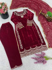 [PRE-ORDER] 2025 NOV READYMADE MARRON VELVET EMBROIDERED SALWAR SUIT SIZE M L XL 2XL ( DELIVERY 10 WORKING DAYS) ETA: 2025-12-30 | DESIGNER MARRON VELVET SUIT WITH EMBROIDERY WORK | FANCY PARTY WEAR VELVET TOP WITH PANT AND DUPPATA