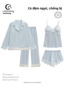 LEZIMENG | Bộ Quần Ngắn Dây Ren với Áo Ngực Có Đệm 4 Mảnh