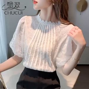 สีขาวเสื้อแขนครึ่งฤดูร้อนเสื้อผ้าแฟชั่นฟองเสื้อชีฟองเสื้อยืดแขนสั้นบางเก๋ลูกไม้