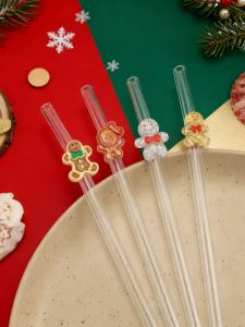 1PC/4PCS Sparkle Gingerbread Glass Straw， Ideal adult Christmas gift.Festive reusable for iced drinks & boba.