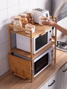 Two layer desktop kitchen storage rack for microwave ovens and seasonings made of solid wood