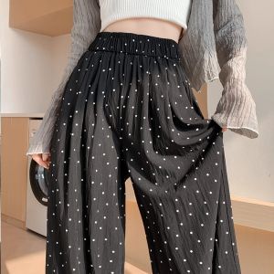กางเกงขายาวทรงหลวมเอวสูงลายจุดสีน้ำเงินสำหรับผู้หญิงไซส์ใหญ่ กางเกงขายาวผ้าไหมน้ำแข็งสไตล์ลำลองฤดูร้อน ทรงหลวม ทรงหลวม