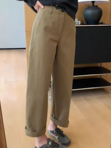 Khaki Straight Leg Casual Pants Womens High Waist Nine Points Wide Leg Pants Pear Shape Body plus Size Slimming Trousers