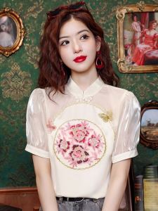 Chinese Style Embroidery Chiffon Shirt Short-Sleeved Womens Summer Heavy Industry Beads Buckle New Chinese Style Retro Improved Cheongsam Top