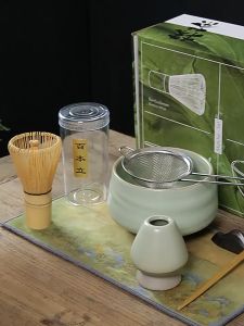 7Pcs Alat Matcha Making Set Matcha Bowl Keramik / Pengaduk Matcha Bambu / Sendok / Matcha Whisk Stand Holder / Saringan / Kain