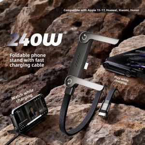 LINGKEN | 240W Fast Charging Cable Data and Charging Line for Multiple Phone Models with Dual Type-C Interface Bendable Head and Stand Feature