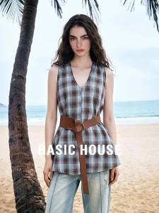 Basic House | Blue Plaid Sleeveless V-Neck Shirt with Cinched Waist Design
