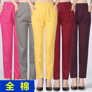 Spring and Autumn Loose Pure Cotton Pants Mom Wear Solid Color Casual Pants Middle-Aged and Elderly Womens Cotton Trousers High-Waisted Trousers