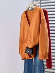 QINGNAER | Slender V-Neck Pocket Orange Sweater Cardigan