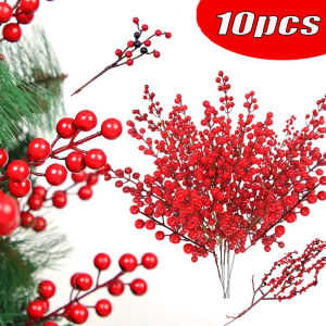 10PC Christmas Artificial Berries Branches Decor Xmas Red Berry Flowers Bouquet DIY Holiday Wreath Craft Home Party Ornament