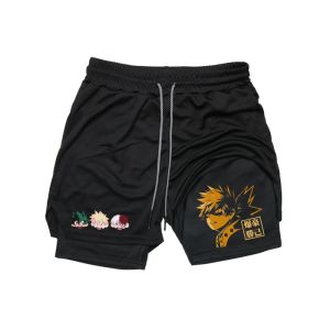 Mens Double-deck Shorts Gothic Katsuki Bakugo Print Shorts Summer Quick Drying Sports Fitness 2In1 Joggers Beach Running Short