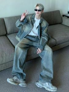 Vintage Phá Cách Denim Áo Khoác Và Quần Bộ Dành Cho Nam Giới Thoải Mái Rộng Rãi Miếng Đệm Vai Áo Khoác Thời Trang/ Phong Cách Giải Trí Denim Trang Phục Thời Trang