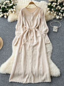 Gentle Ins Knitting Dress Womens Fall and Winter Sweet Cutout Crochet Knitting Lantern Sleeve Lace-up Waist-Controlled Long Dress